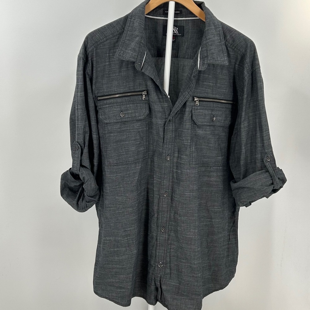 Rock & Republic Mens XXL Gray Roll Tab Sleeve Easy Care Button Down Shirt
